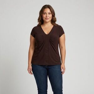 Susan Lawrence Chocolate Brown Ruched V-Neck Top | Size XL